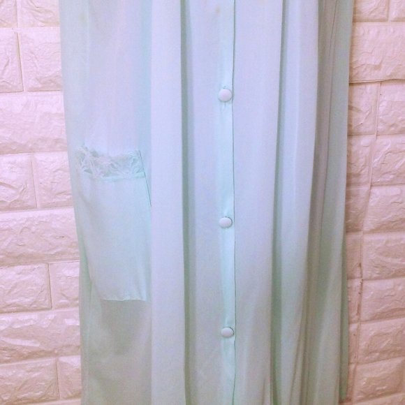Vintage 80s Danni Dressing Gown Robe -L Pocket Ruched Lace Buttons SSL Nylon - Picture 4 of 8